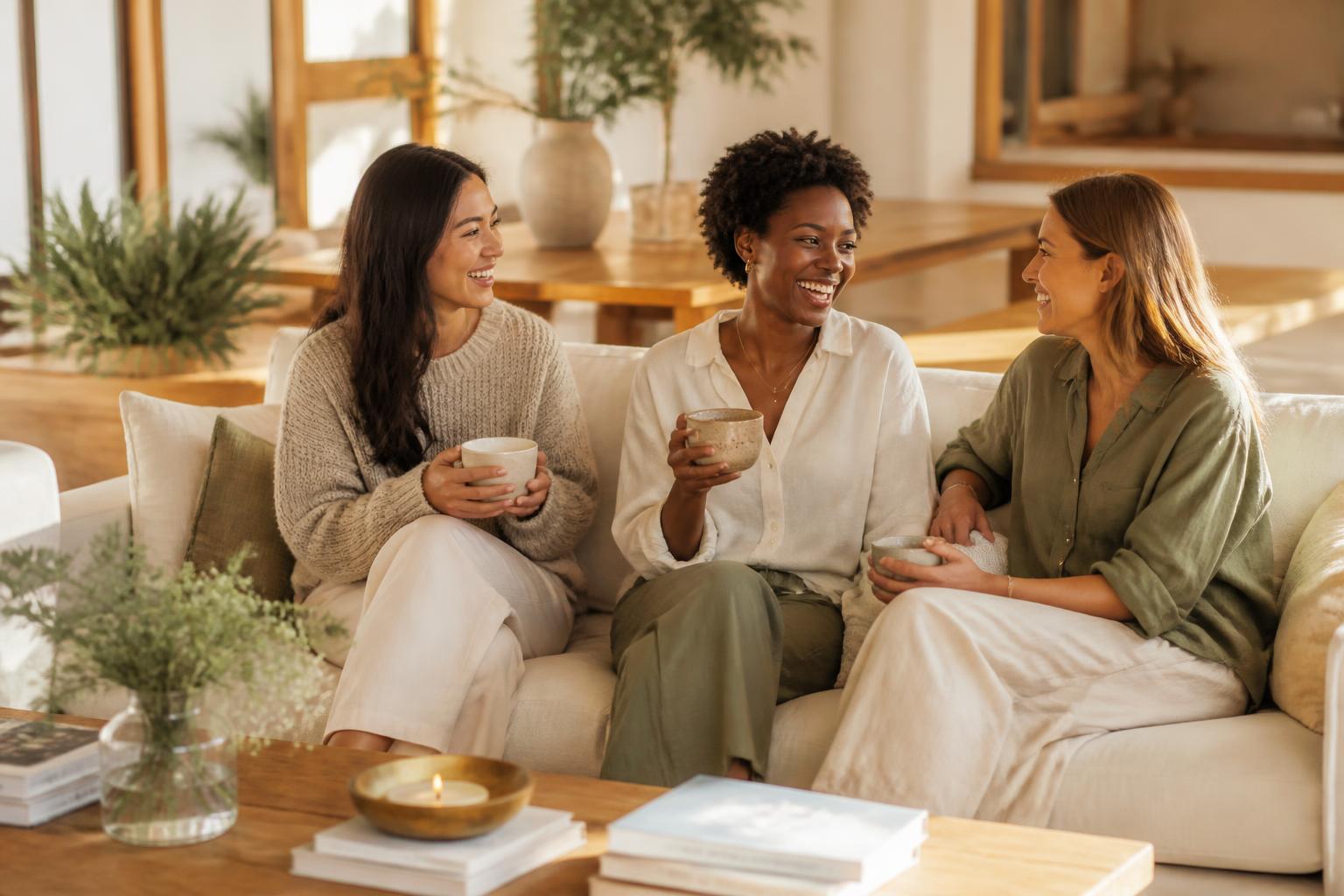 Three women sharing tea and conversation in a warm, sunlit living room