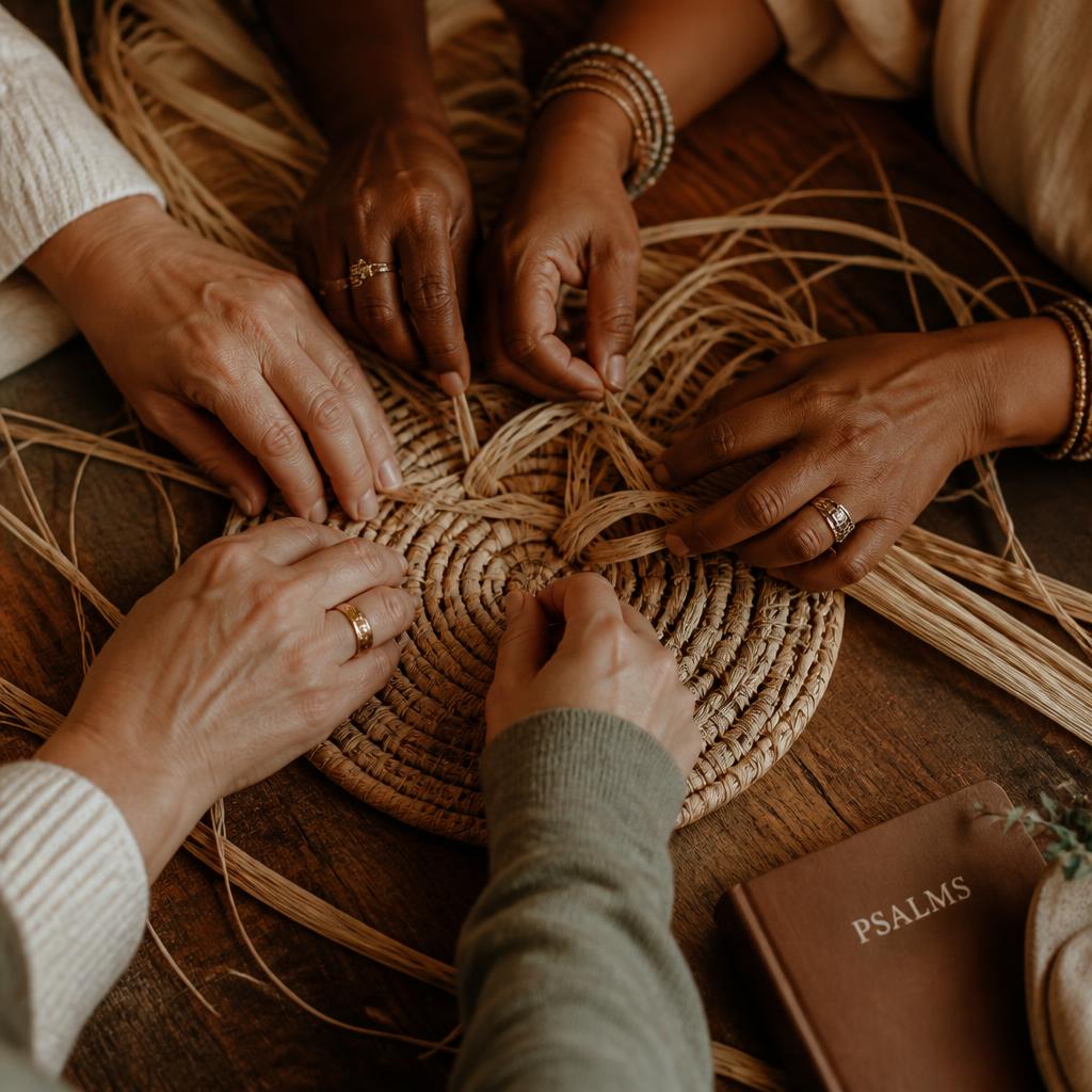 Diverse hands weaving natural fibers together around a book of Psalms